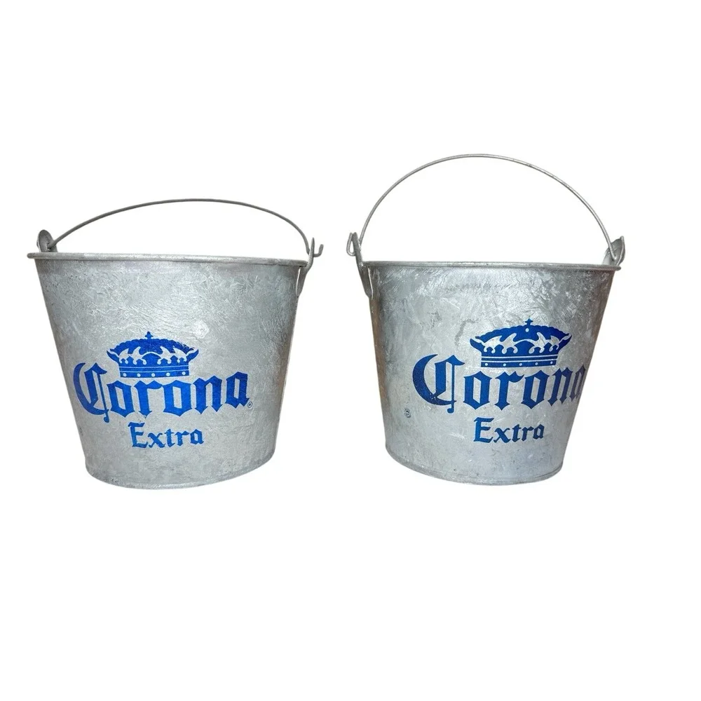 Lot Of 2 Corona Extra Beer Ice Bucket 5 Qt Galvanized Metal Party Bucket Vintage